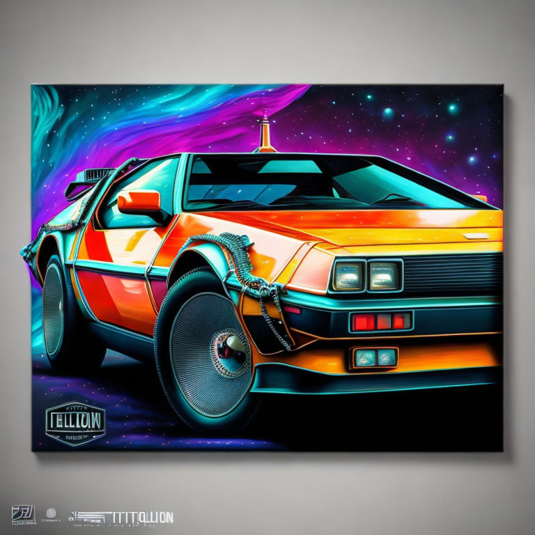 Colorful DeLorean Car Artwork with Neon and Cosmic 1980s Style