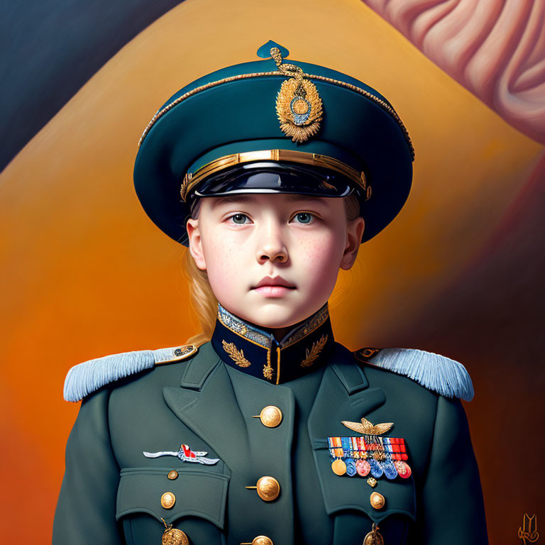 Child in Military Uniform on Orange Background