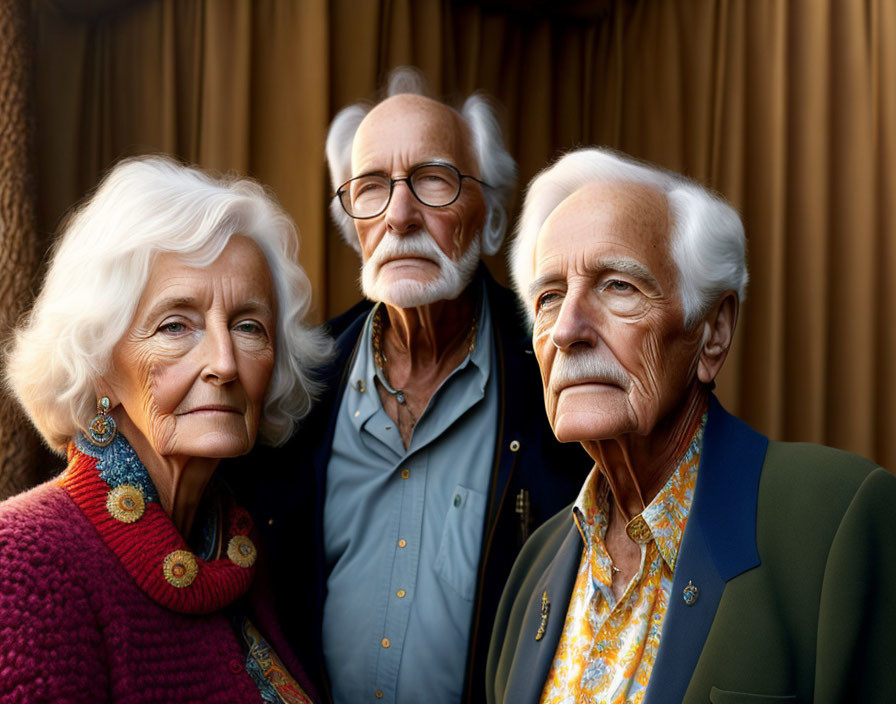 Elderly Trio Portrait with Woman and Two Men in Glasses