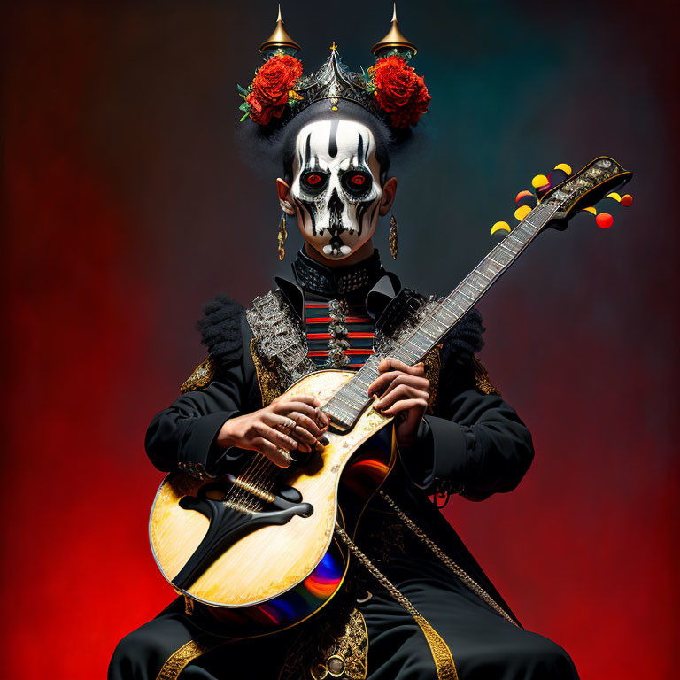 Skull makeup person with guitar in ornate costume, surrounded by red flowers and horns on red backdrop