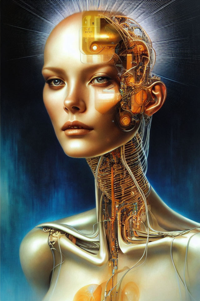 Female Android Digital Artwork: Partially Exposed Mechanical Skull & Neck