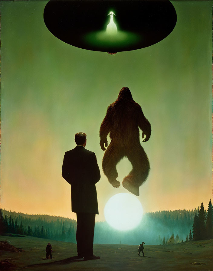 Man, dog, Bigfoot-like creature, and UFO in forest night scene