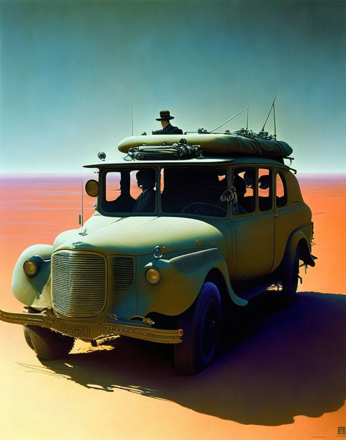 Classic Car Driving Through Desert Landscape with Luggage