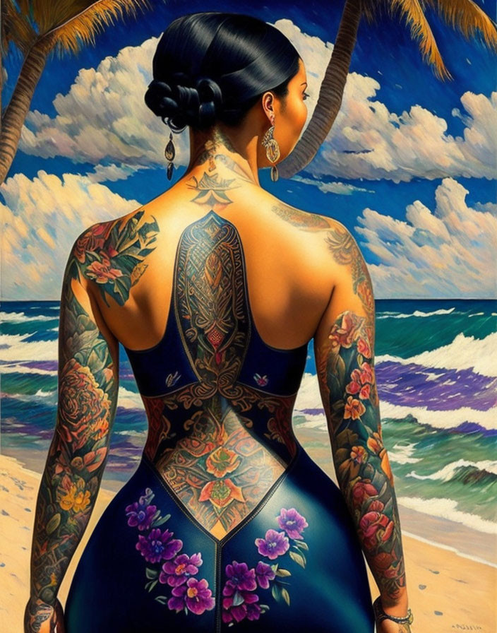 Woman with braided updo and intricate back tattoos at beach with palm trees.