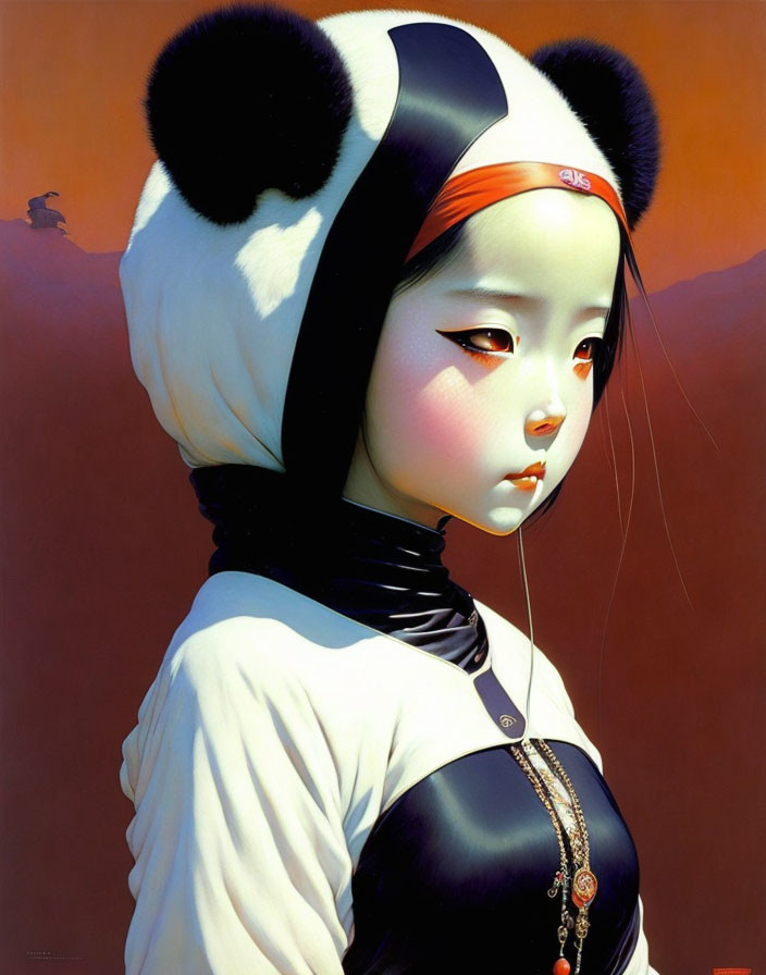 Stylized portrait of girl in panda hood against warm background