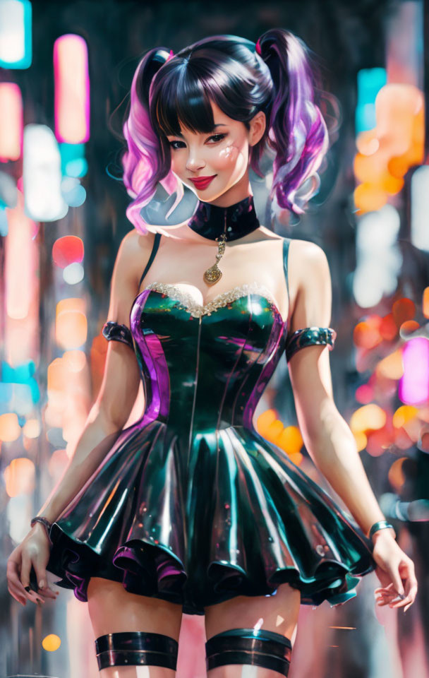 Violet-haired woman in pigtails, black dress, neon-lit backdrop