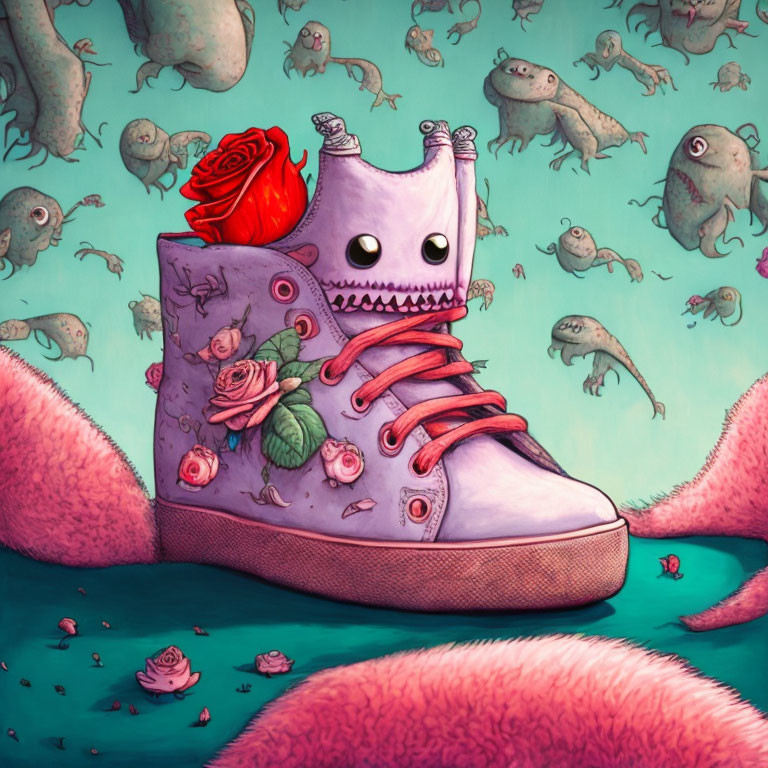 Whimsical pink high-top sneaker with face and wings among frogs and roses on teal background