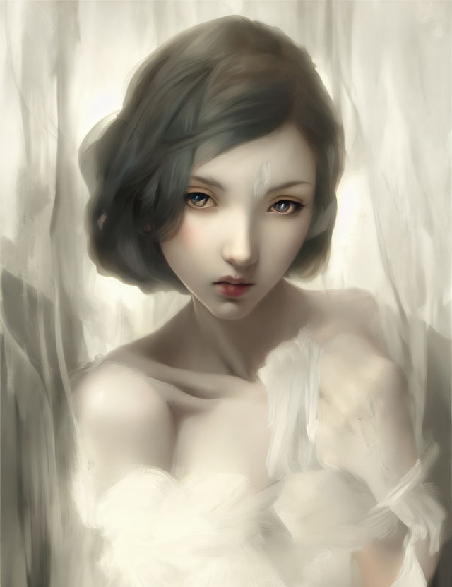 Dark-haired woman in white with captivating eyes in misty digital painting