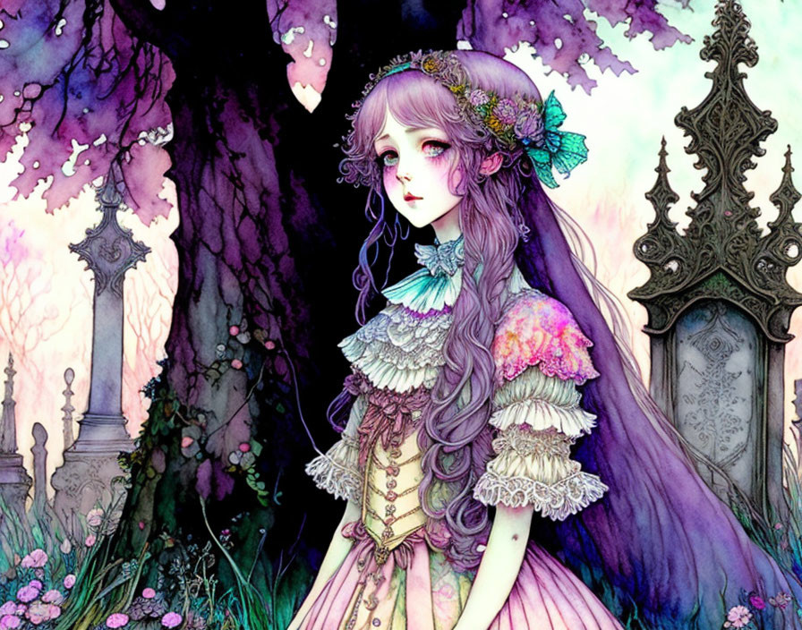 Illustrated girl with long purple hair in mystical forest with intricate trees