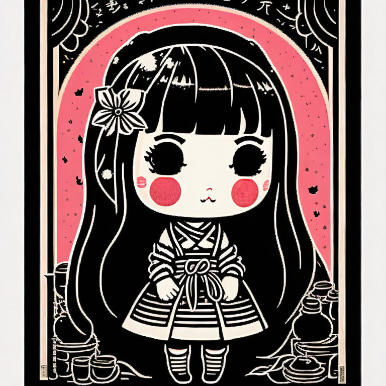 Stylized girl illustration in traditional outfit with ornate border