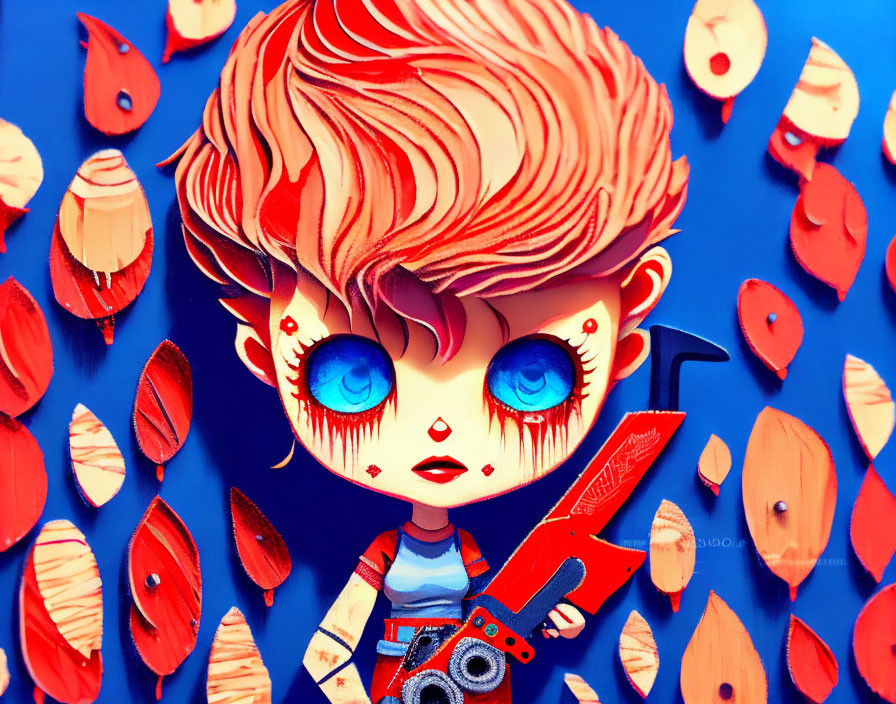 Stylized character with blue eyes and chainsaw in hand on blue backdrop