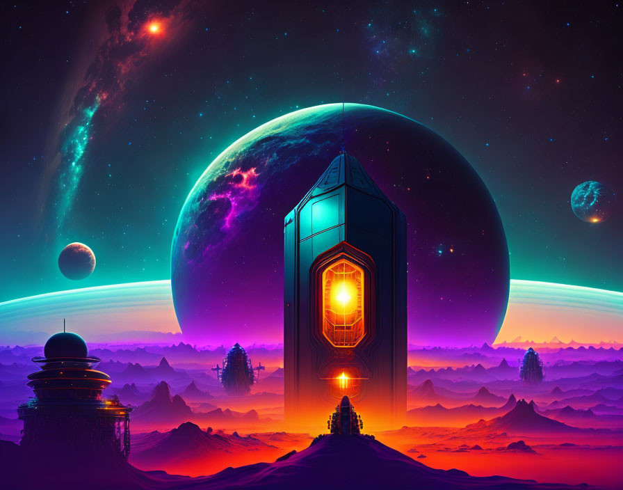 Futuristic sci-fi landscape with moon, planets, and glowing door among misty terrain