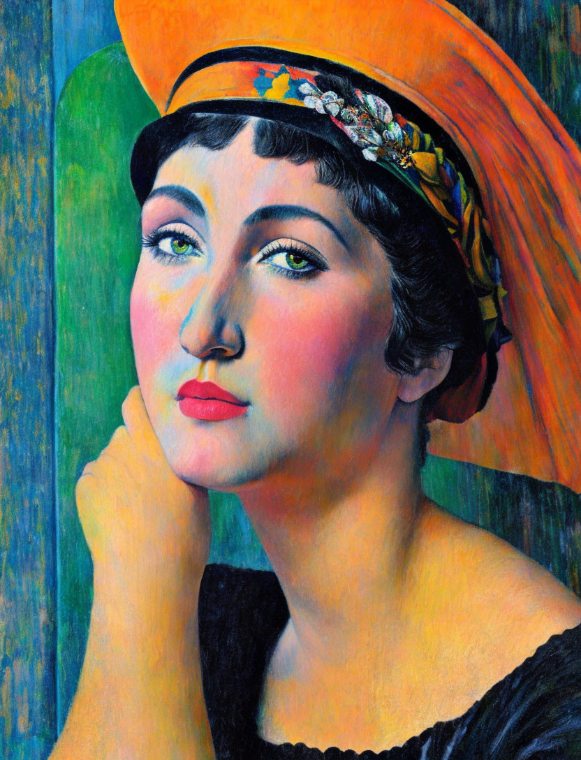 Vibrant painting of a woman in orange hat with floral band