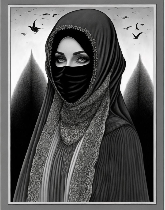 Detailed grayscale illustration of woman in hijab and niqab with intricate fabric patterns, set against birds