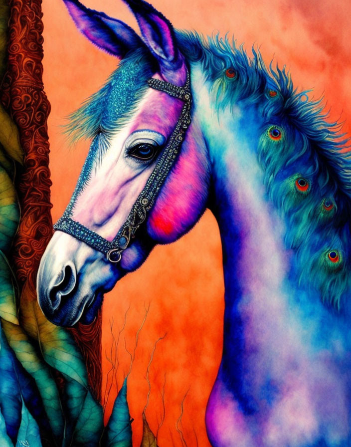 Colorful Horse Illustration with Peacock Feathers and Jeweled Bridle