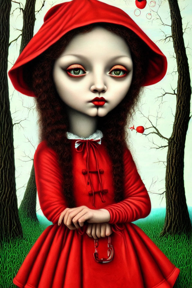 Surreal portrait of young girl in red hooded dress in whimsical forest