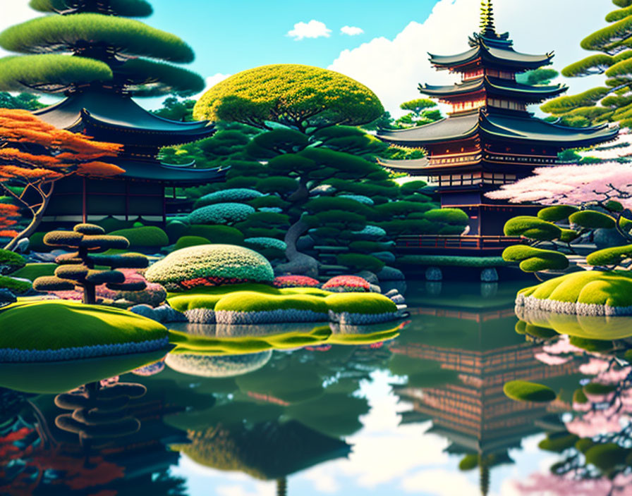 Tranquil Japanese garden with vibrant trees, serene pond, and multi-tiered pagoda