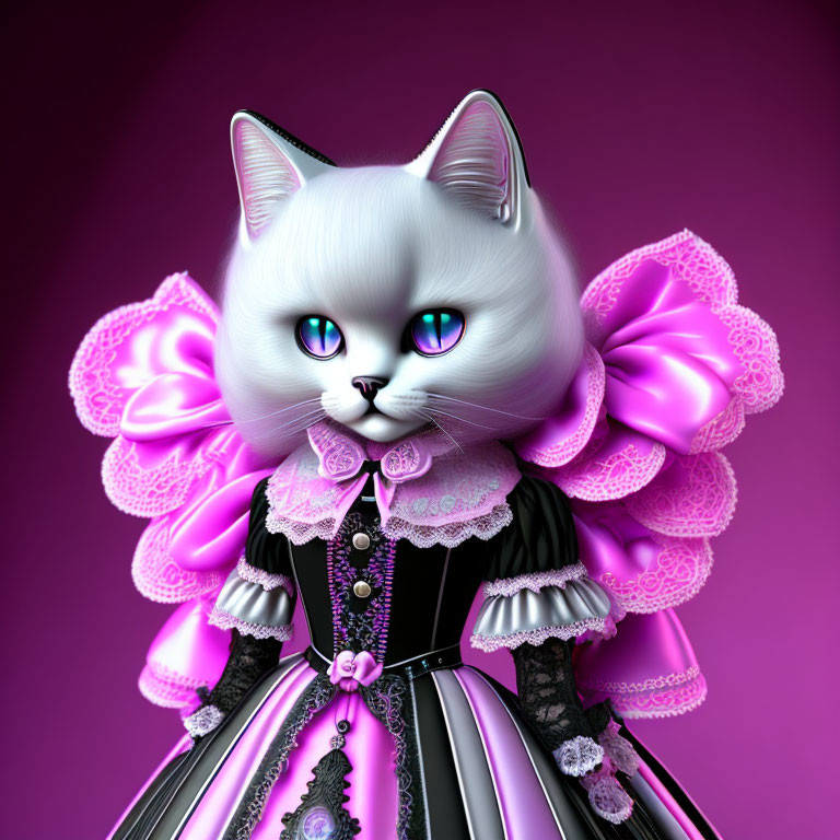 White Cat in Black and Purple Victorian Dress on Purple Background