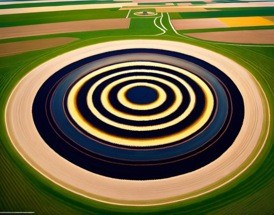 Circular target-like farmland amid colorful crops: Aerial view.