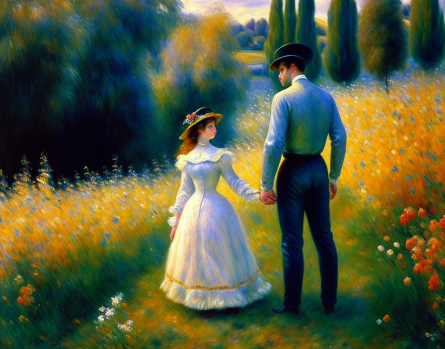 Man and woman in hat and white dress walking hand in hand in colorful meadow.