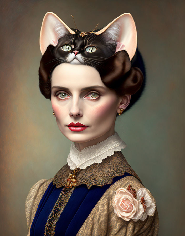 Surreal portrait: Woman with cat head, whiskers, vintage attire