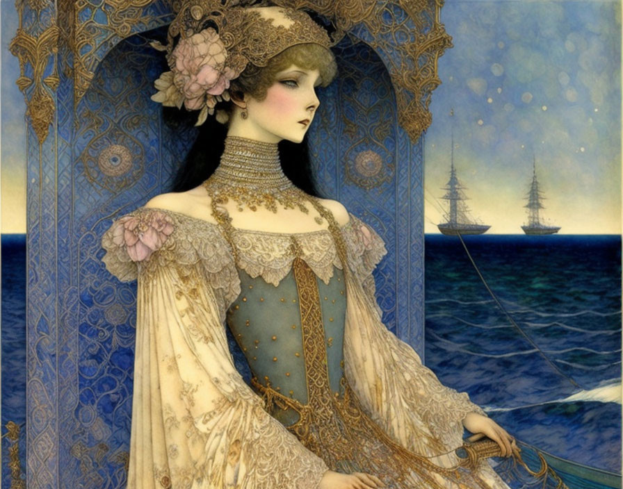 Art Nouveau Style Painting: Elegant Woman in Ornate Clothing with Ships and Sea