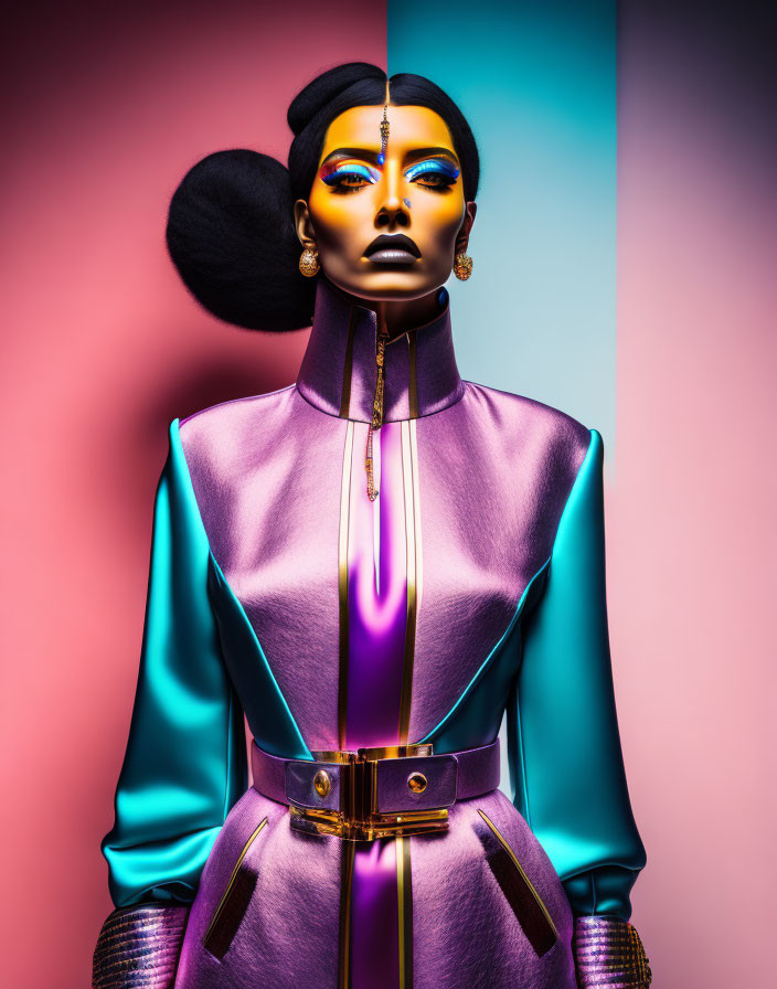 Stylized mannequin with avant-garde makeup and metallic outfit against split background