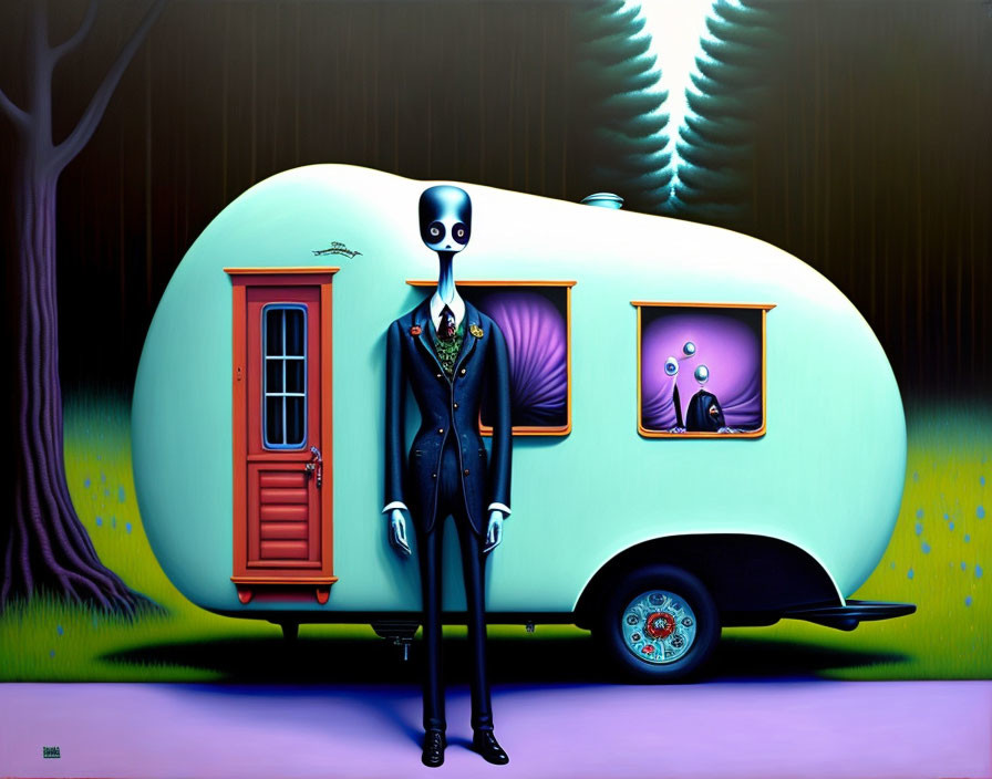 Surreal alien figure in suit by vintage green trailer with mysterious purple setting