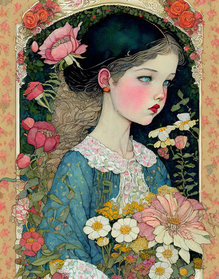 Portrait of young girl with rosy cheeks in ornate floral frame