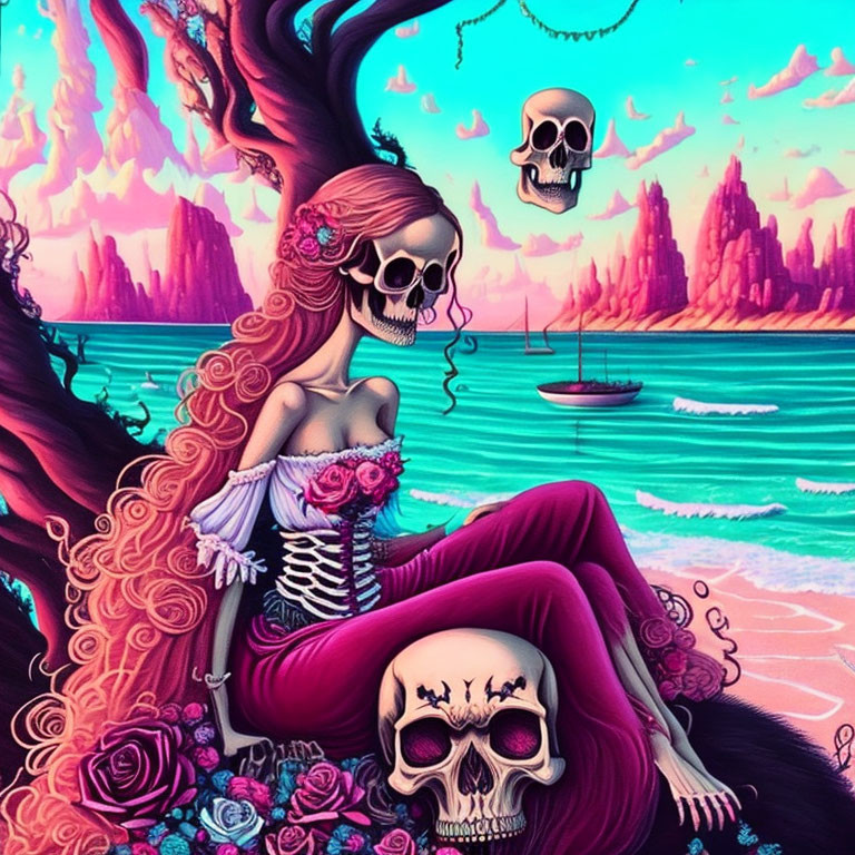 Colorful Artwork: Skeleton with Roses by Teal Sea and Pink Cliffs