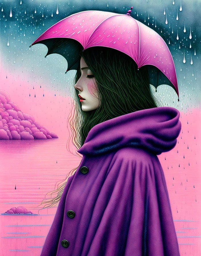 Woman in Purple Cloak with Umbrella in Rainy Scene