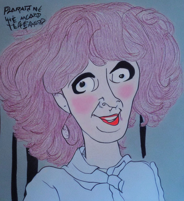 Whimsical Woman Caricature with Oversized Eyes and Pink Curly Hair