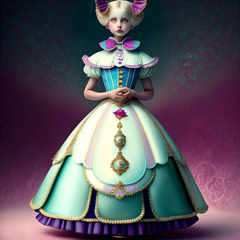 Surreal illustration of girl in Victorian dress with pastel colors