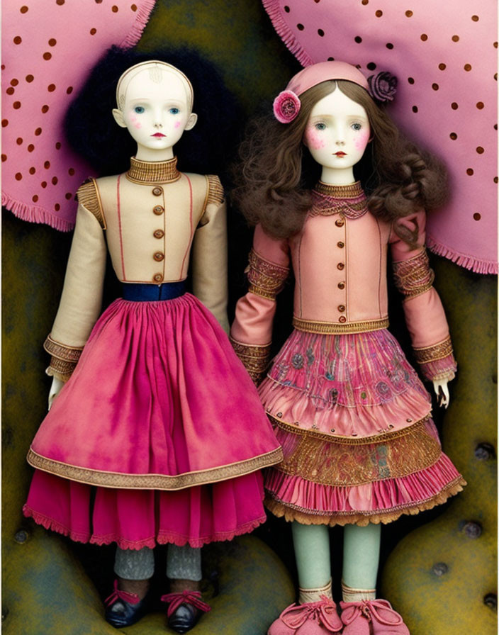 Vintage-Style Porcelain Dolls in Intricate Costumes Against Polka Dot Backdrop