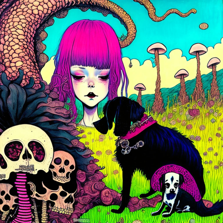 Colorful illustration: pink-haired girl, black dog, skulls, whimsical mushrooms under blue sky