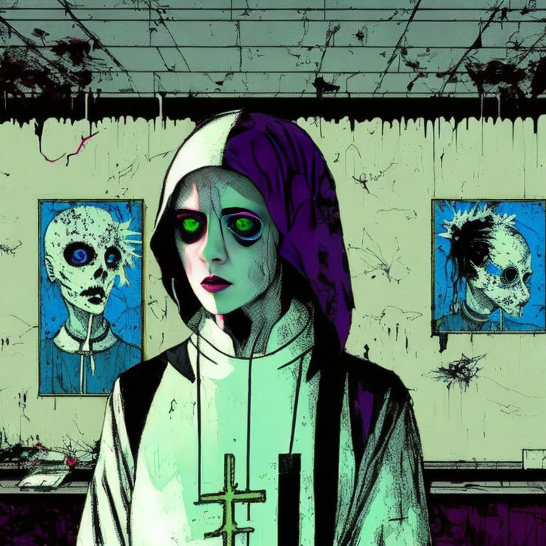 Nun illustration with green eyes and alien skulls in spooky backdrop