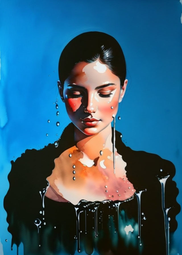 Serene woman portrait with blue, orange, and white paint splashes