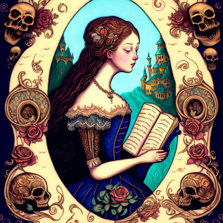 Woman in blue dress reading book with skulls, roses, and castle border.