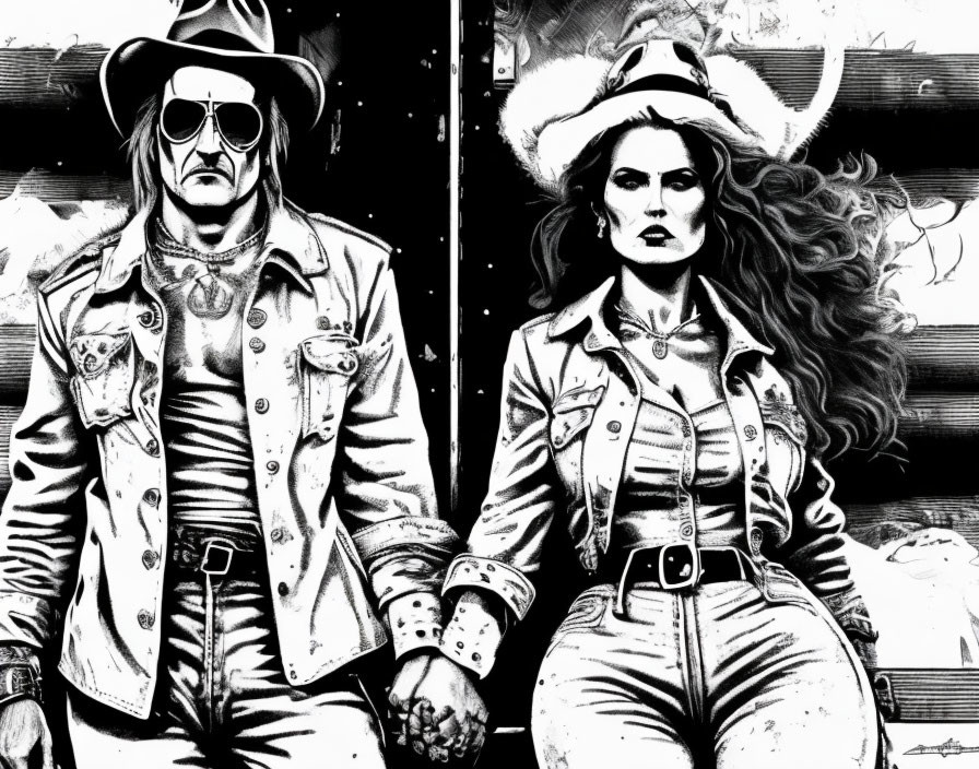 Monochrome illustration of stylish couple in western attire holding hands