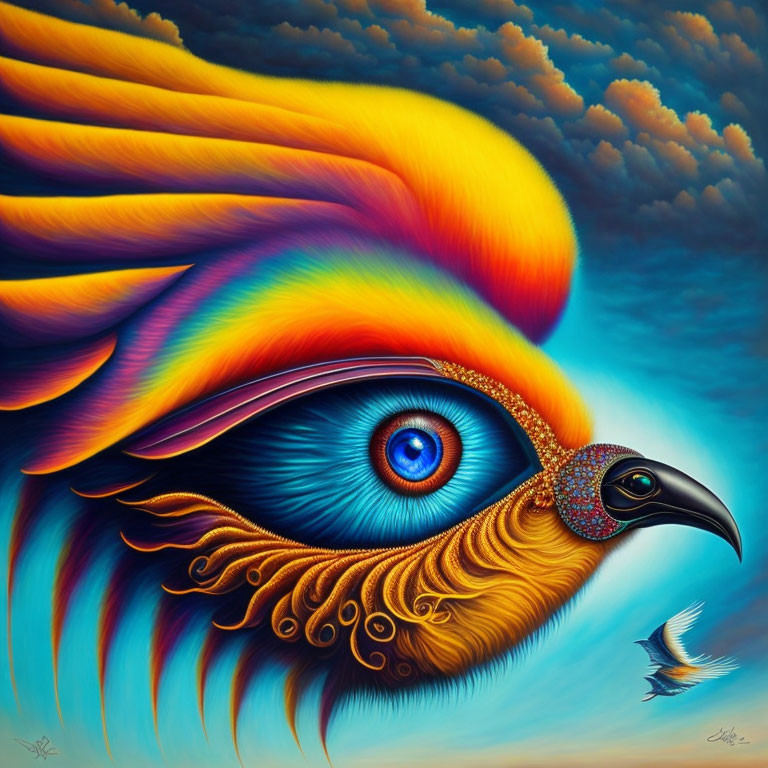 Colorful surreal bird illustration with vivid eye and ornate feathers