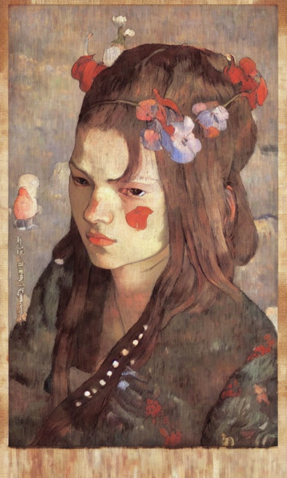 Portrait of woman with flower adornments and red cheeks on sepia background