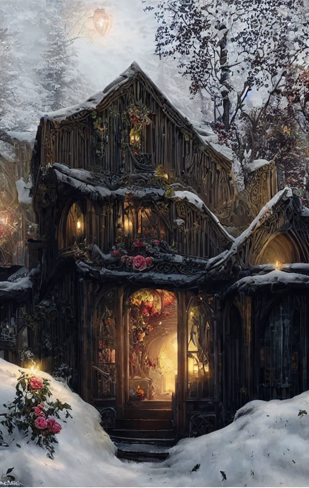 Snow-covered cottage with warm light in winter setting