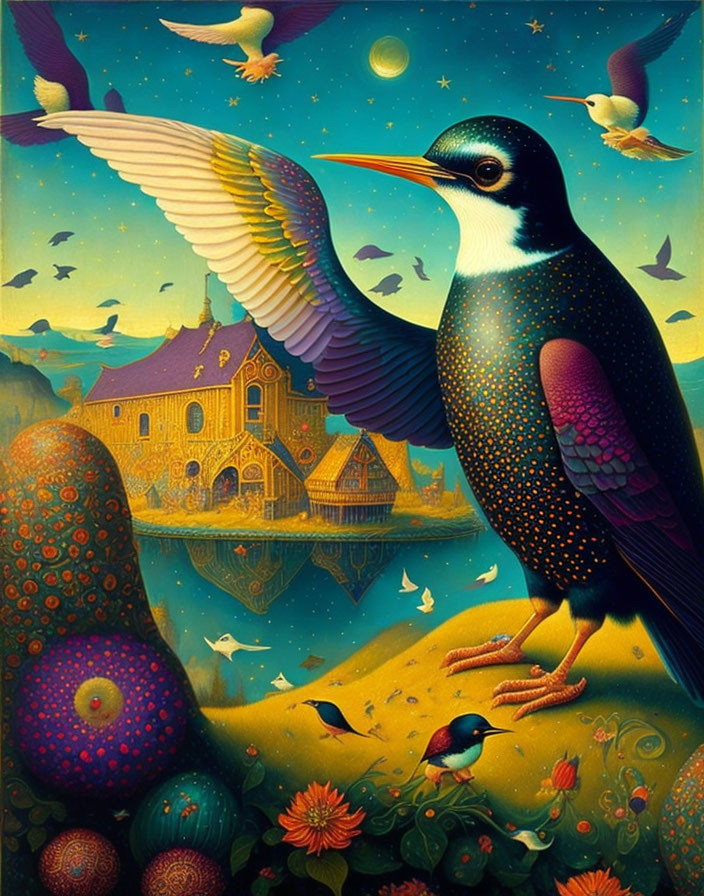 Colorful Fantasy Illustration: Giant Bird, Whimsical House, Birds, Flowers & Stars