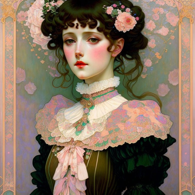 Digital portrait of a woman with large eyes and floral headdress in Victorian style