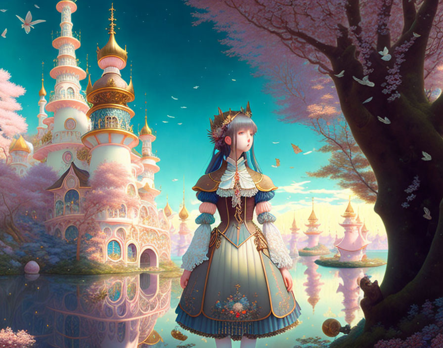 Stylized illustration of girl in regal outfit with cherry blossom tree and fantasy castle in pastel