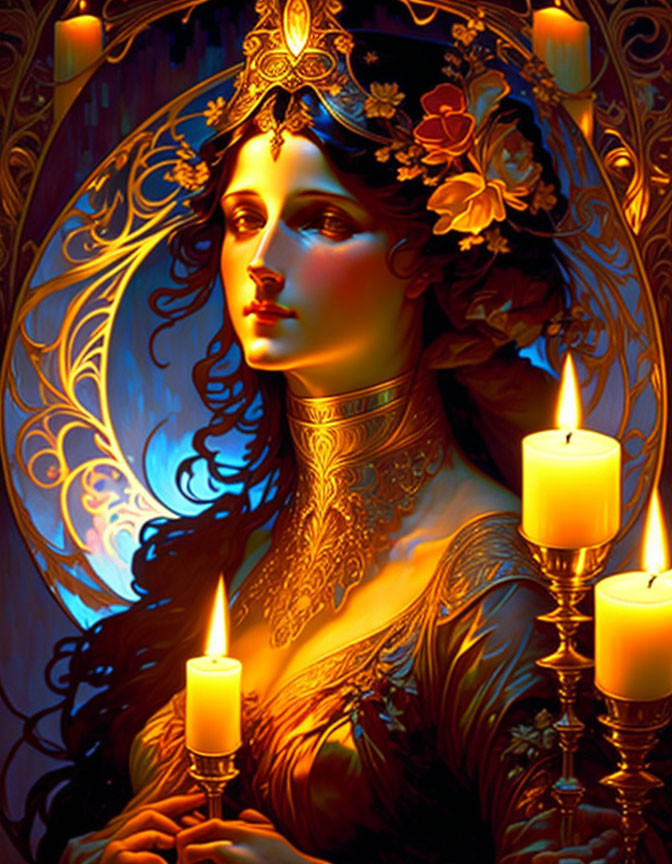 Golden headwear portrait of woman surrounded by candles on dark background