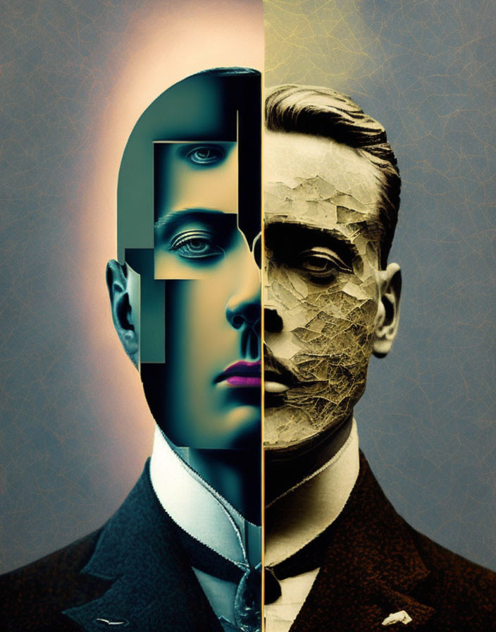 Surrealist portrait of a man's face merging profiles on textured backdrop