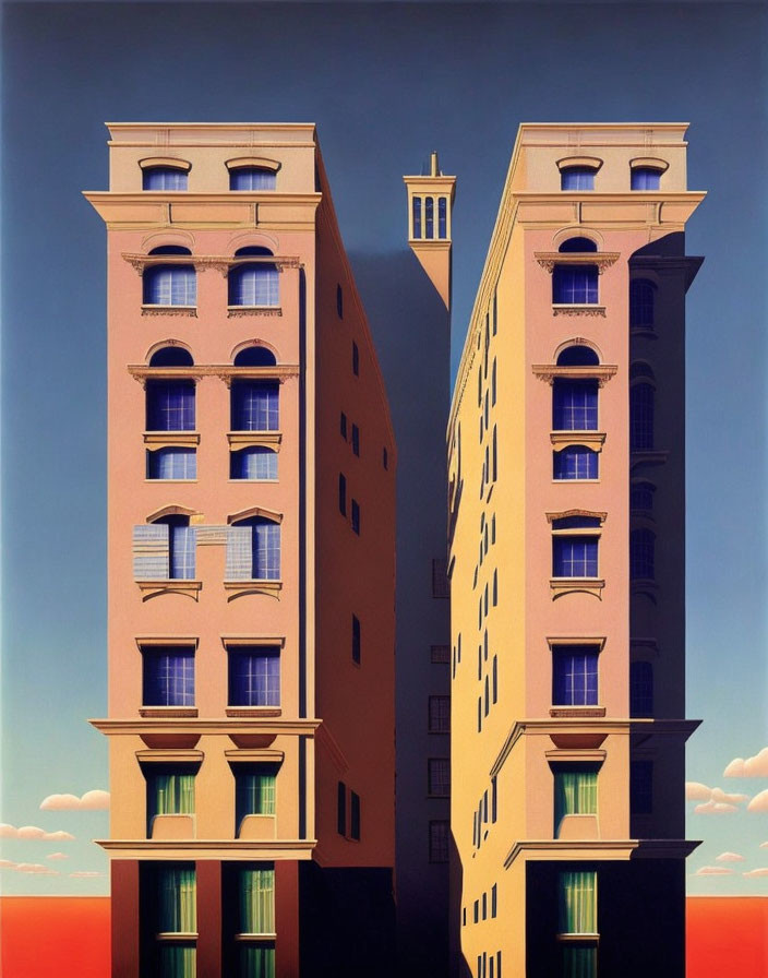 Symmetrical Peach Buildings Converging Against Blue Sky