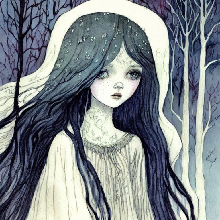 Illustration of girl with large eyes in mystical forest