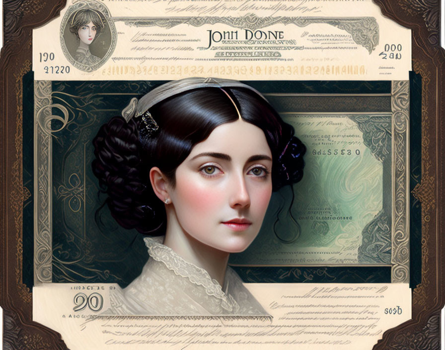 Vintage currency note with portrait of Victorian-era woman.